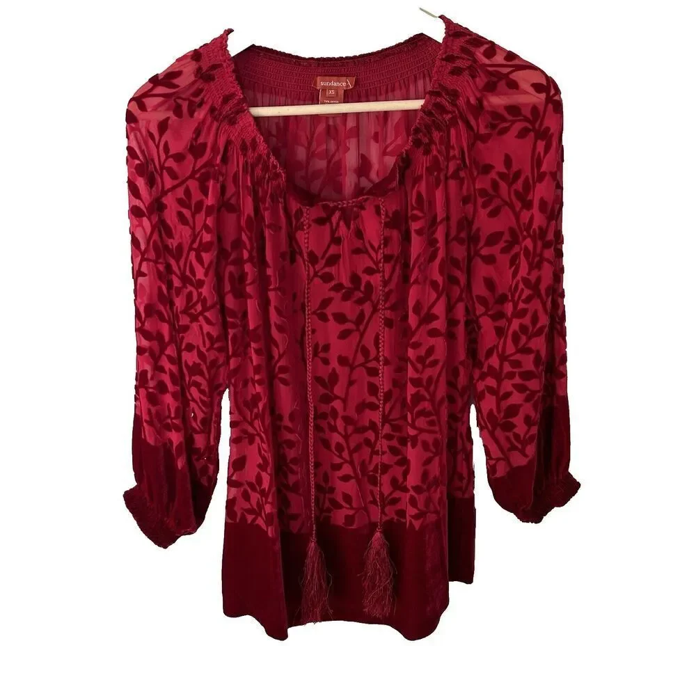 Sundance Velvet Burnout Top Size XS Red Floral Print Tassel Tie Peasant Holidays - Picture 1 of 6
